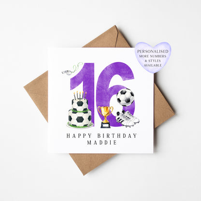 16th Birthday Card personalised purple football footy themed bday card number 16 with Envelope