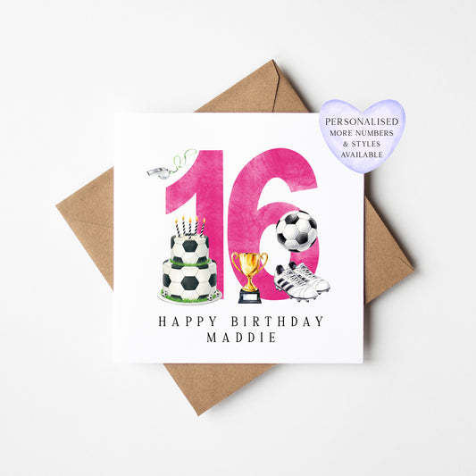 16th Birthday Card personalised pink football footy themed bday card number 16 with Envelope