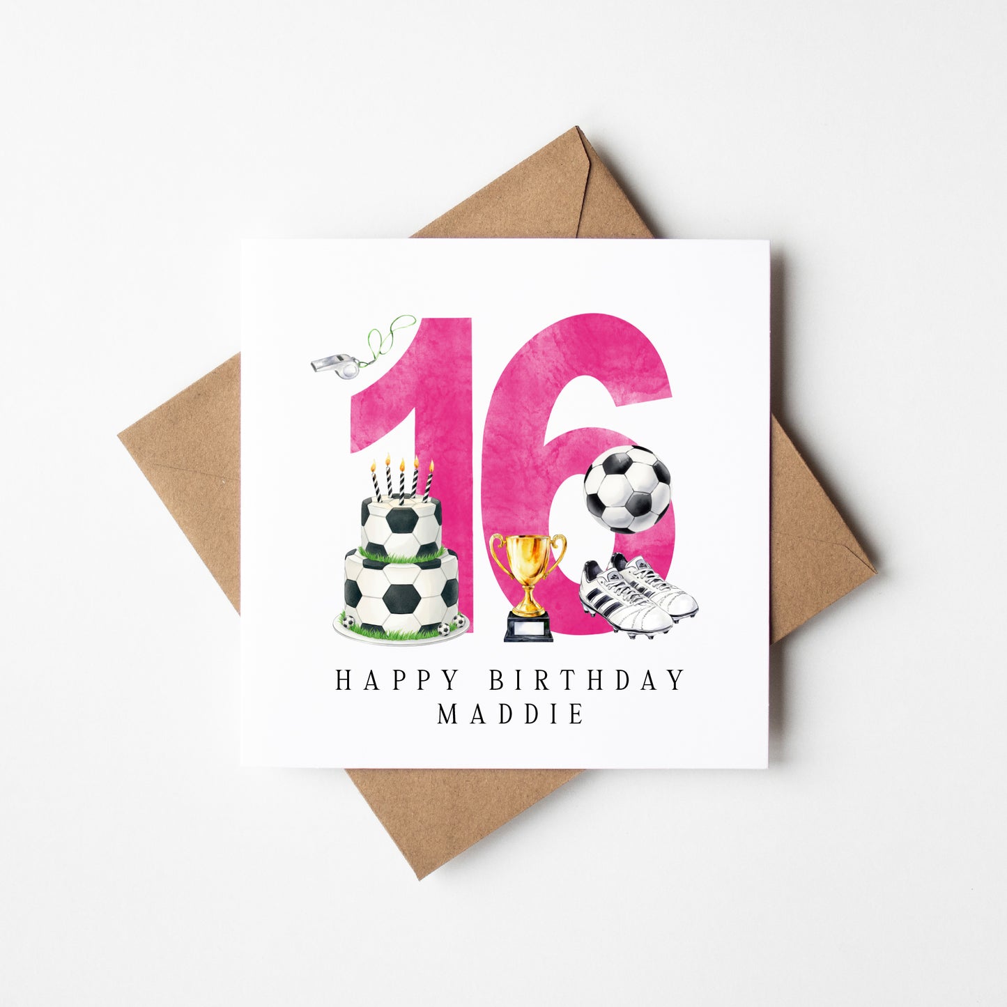 16th Birthday Card personalised pink football footy themed bday card number 16 with Envelope