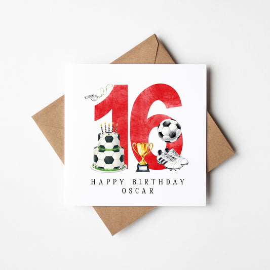 16th Birthday Card personalised football footy themed boys Red bday card number 16 with Envelope