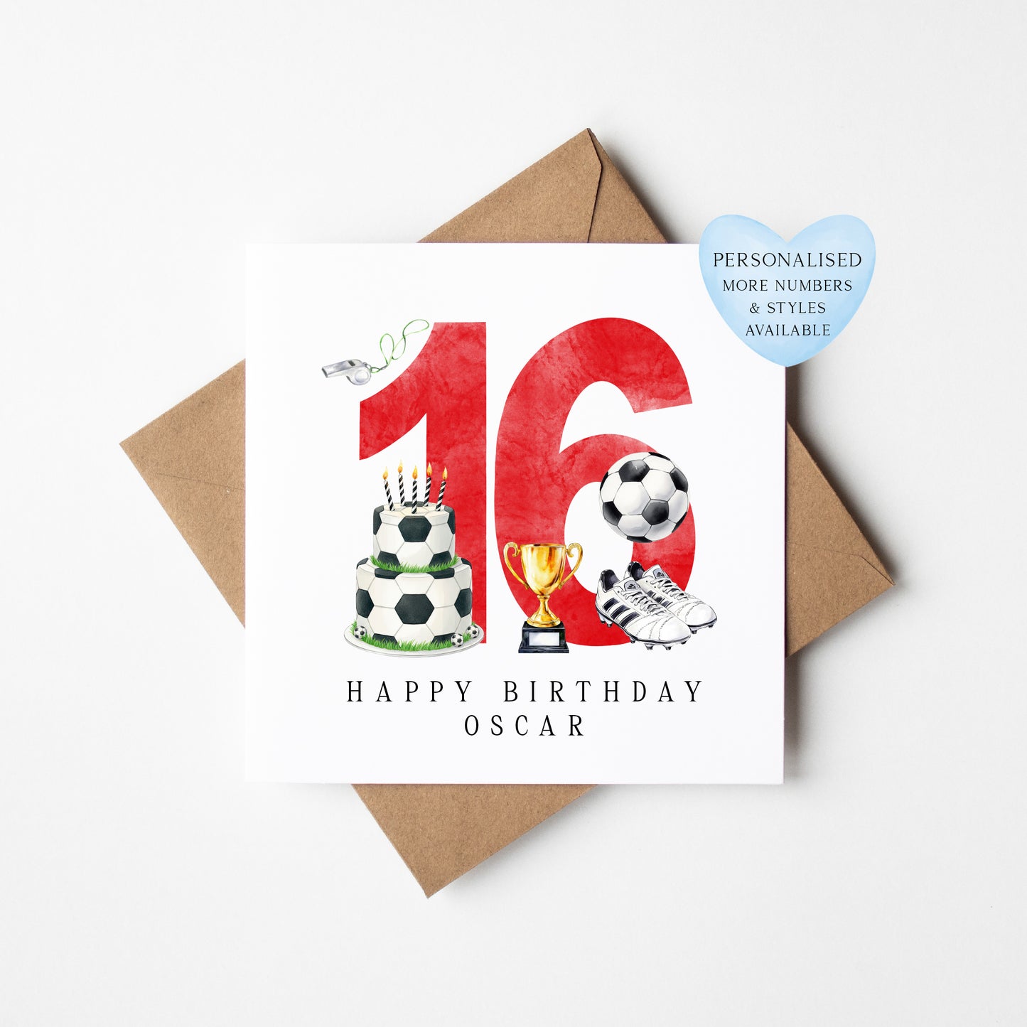 16th Birthday Card personalised football footy themed boys Red bday card number 16 with Envelope