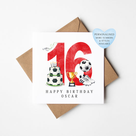 16th Birthday Card personalised football footy themed boys Red bday card number 16 with Envelope