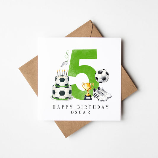5th Birthday Card personalised football footy themed boys Green bday card number 5 with Envelope