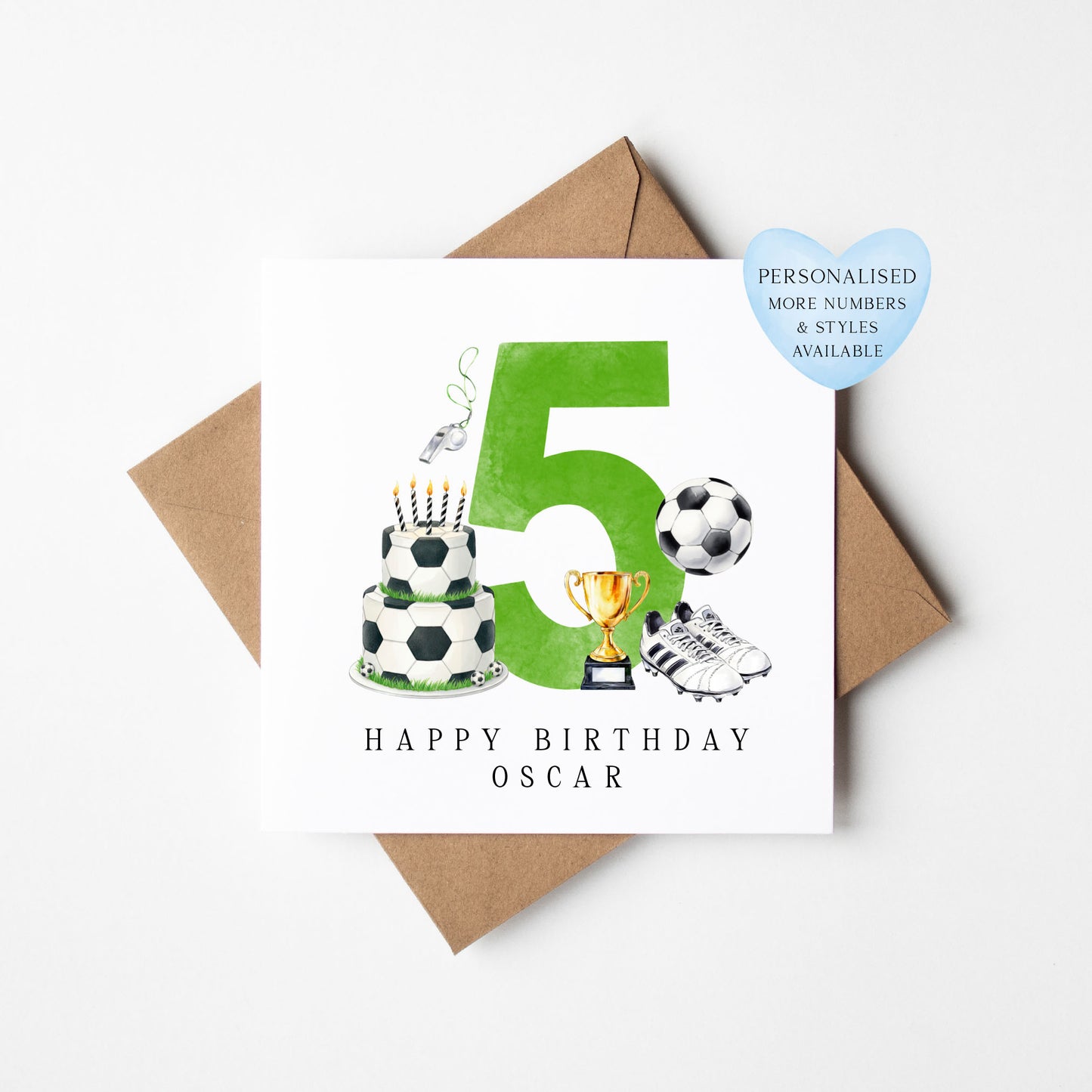 5th Birthday Card personalised football footy themed boys Green bday card number 5 with Envelope