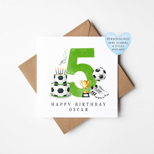 5th Birthday Card personalised football footy themed boys Green bday card number 5 with Envelope