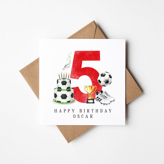 5th Birthday Card personalised football footy themed boys Red bday card number 5 with Envelope