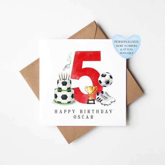 5th Birthday Card personalised football footy themed boys Red bday card number 5 with Envelope