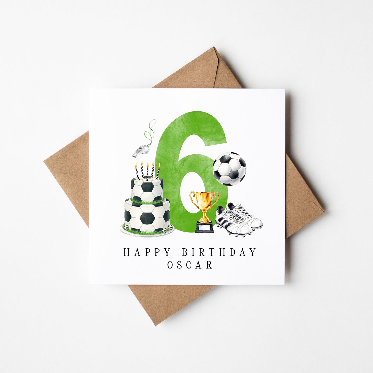 6th Birthday Card personalised football footy themed boys Green bday card number 6 with Envelope