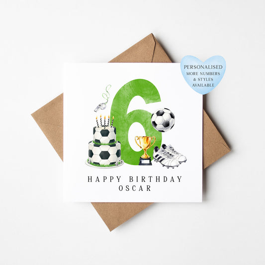 6th Birthday Card personalised football footy themed boys Green bday card number 6 with Envelope