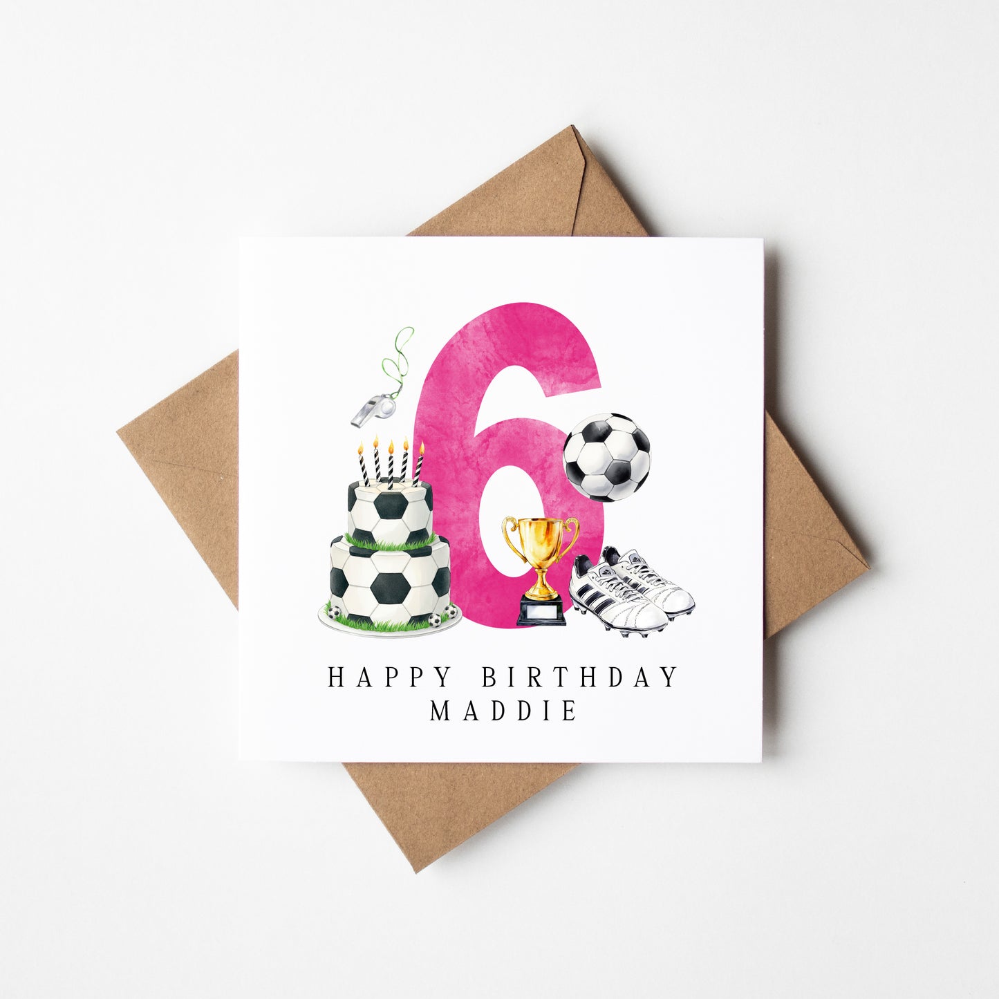 6th Birthday Card personalised pink football footy themed bday card number 6 with Envelope