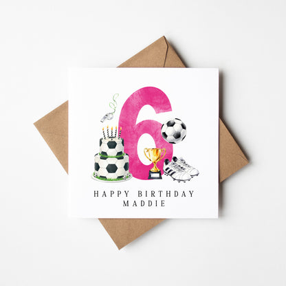6th Birthday Card personalised pink football footy themed bday card number 6 with Envelope