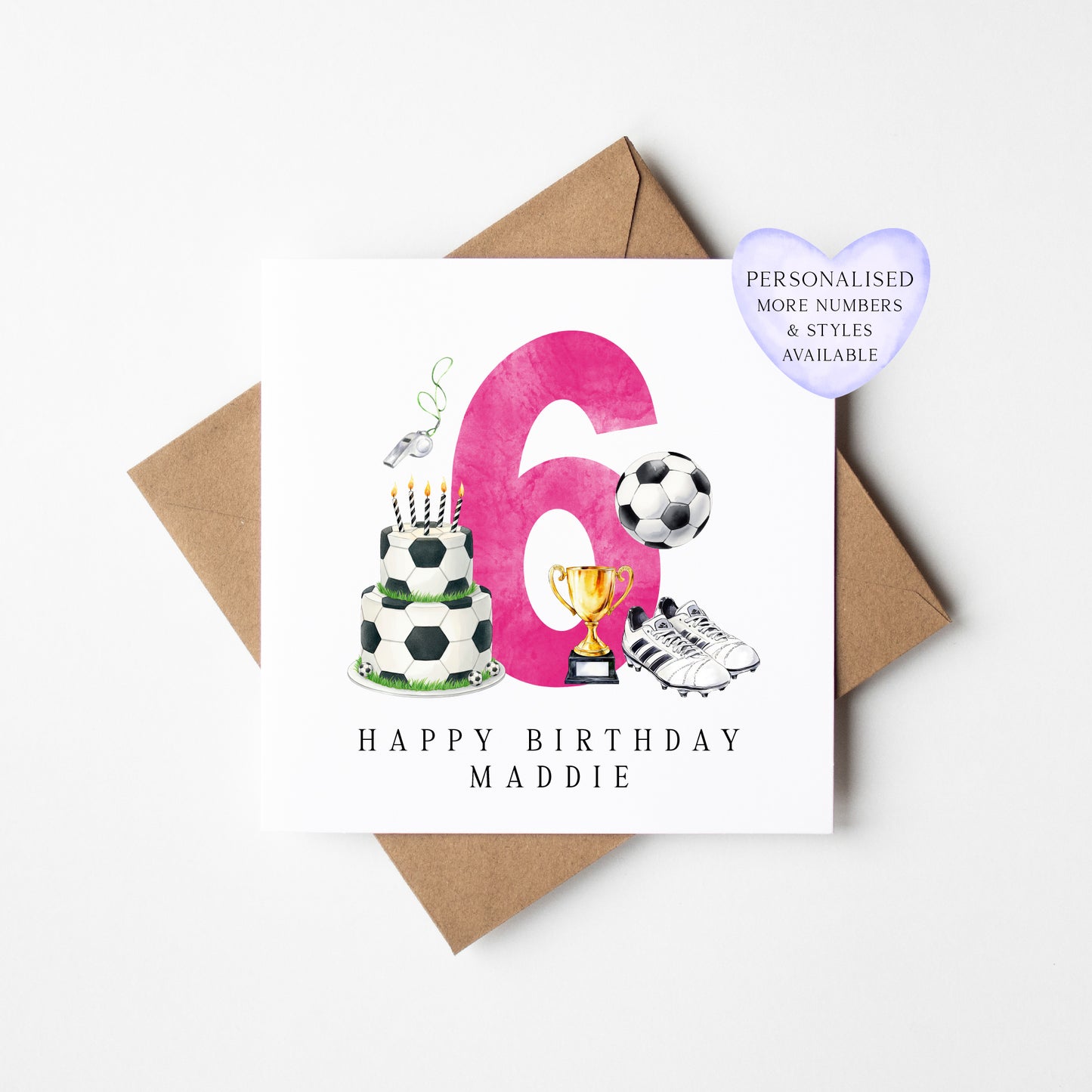 6th Birthday Card personalised pink football footy themed bday card number 6 with Envelope