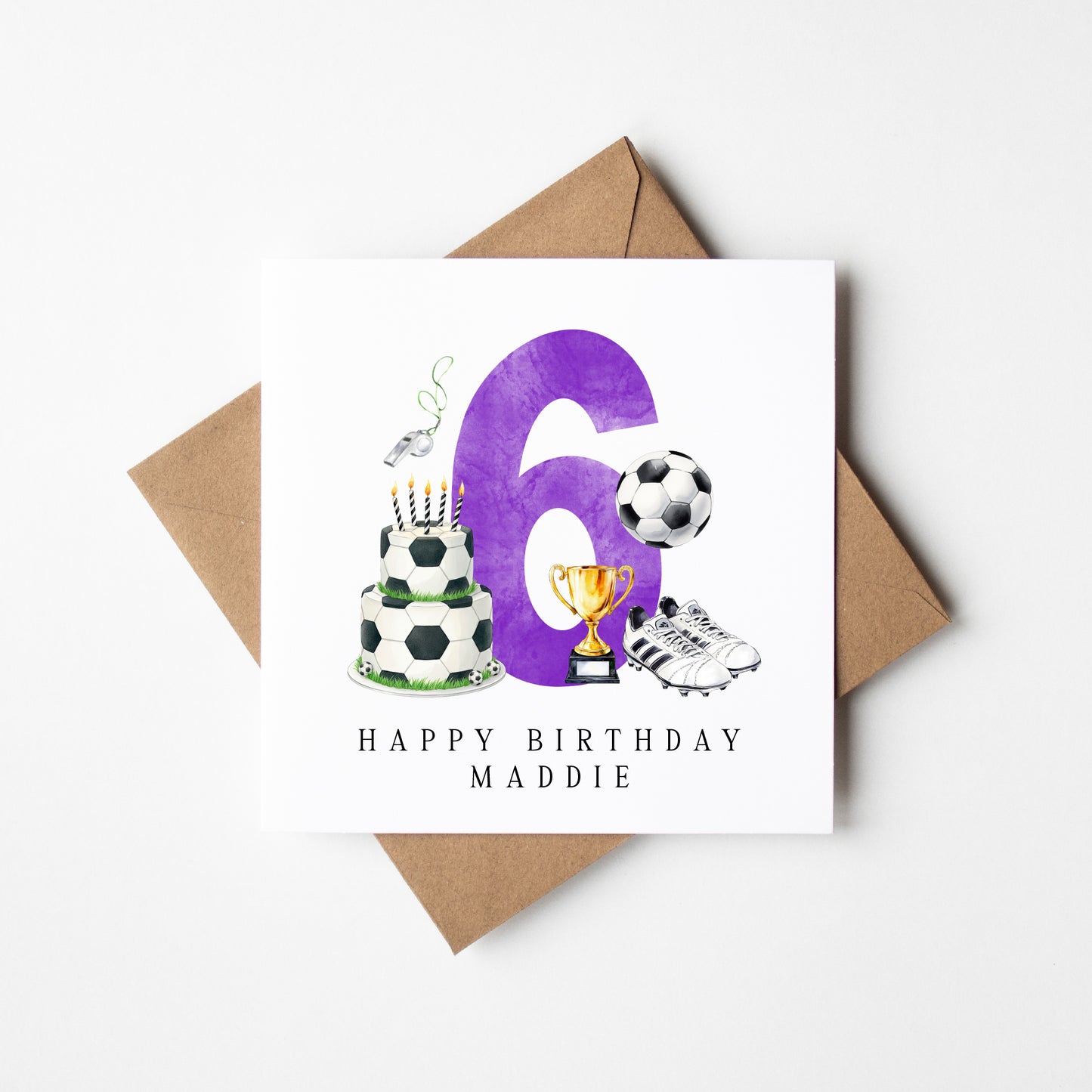 6th Birthday Card personalised purple football footy themed bday card number 6 with Envelope