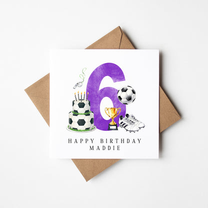 6th Birthday Card personalised purple football footy themed bday card number 6 with Envelope
