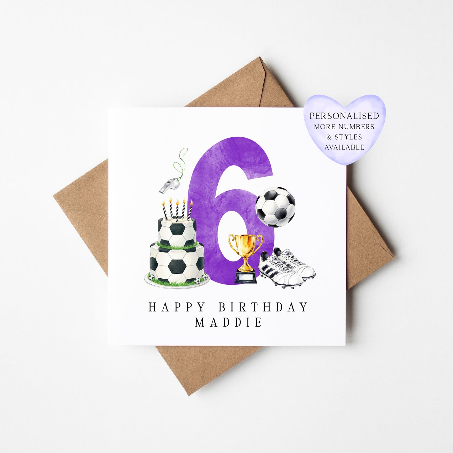 6th Birthday Card personalised purple football footy themed bday card number 6 with Envelope