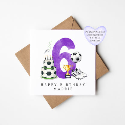 6th Birthday Card personalised purple football footy themed bday card number 6 with Envelope