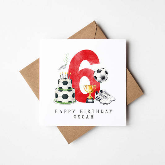 6th Birthday Card personalised football footy themed boys Red bday card number 6 with Envelope