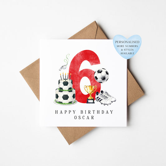 6th Birthday Card personalised football footy themed boys Red bday card number 6 with Envelope