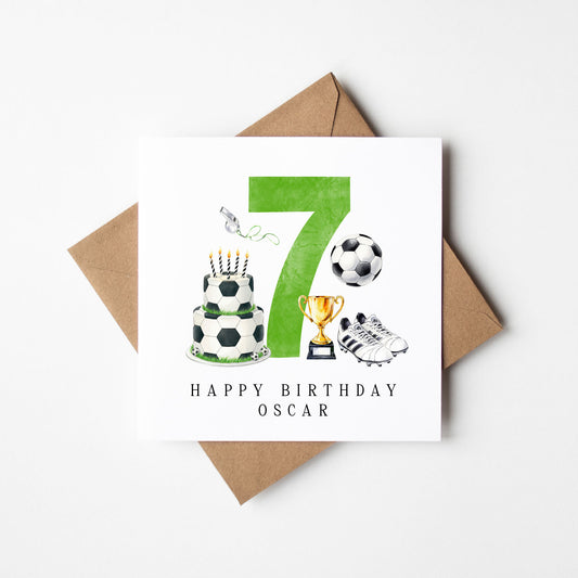 7th Birthday Card personalised football footy themed boys Green bday card number 7 with Envelope
