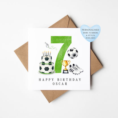 7th Birthday Card personalised football footy themed boys Green bday card number 7 with Envelope