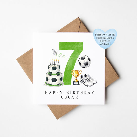 7th Birthday Card personalised football footy themed boys Green bday card number 7 with Envelope