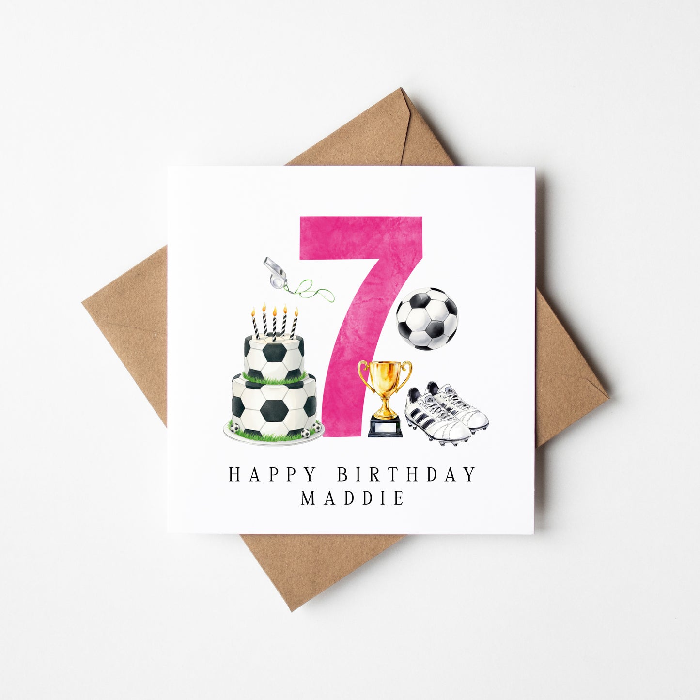 7th Birthday Card personalised pink football footy themed bday card number 7 with Envelope