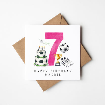 7th Birthday Card personalised pink football footy themed bday card number 7 with Envelope