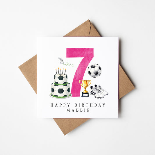 7th Birthday Card personalised pink football footy themed bday card number 7 with Envelope