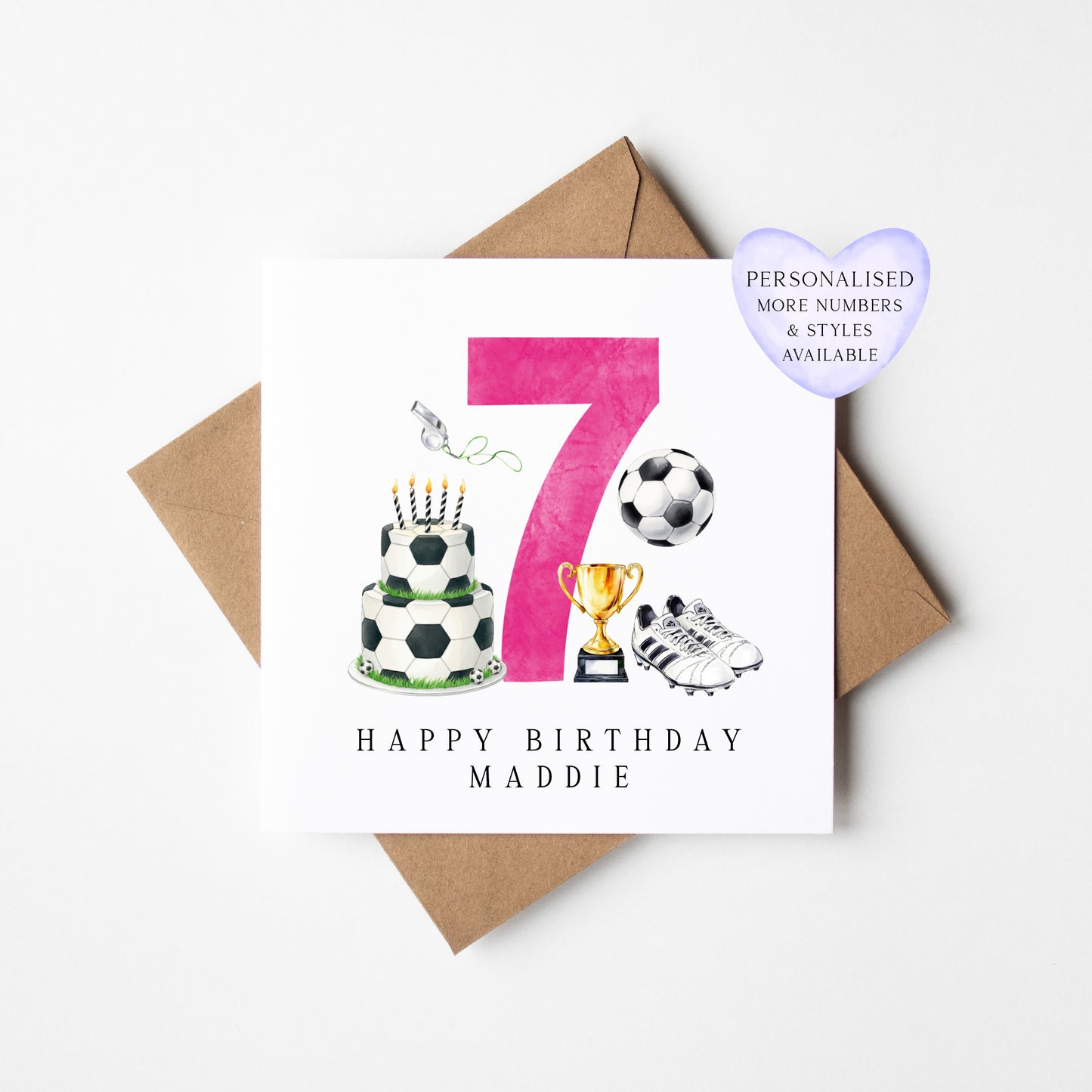 7th Birthday Card personalised pink football footy themed bday card number 7 with Envelope
