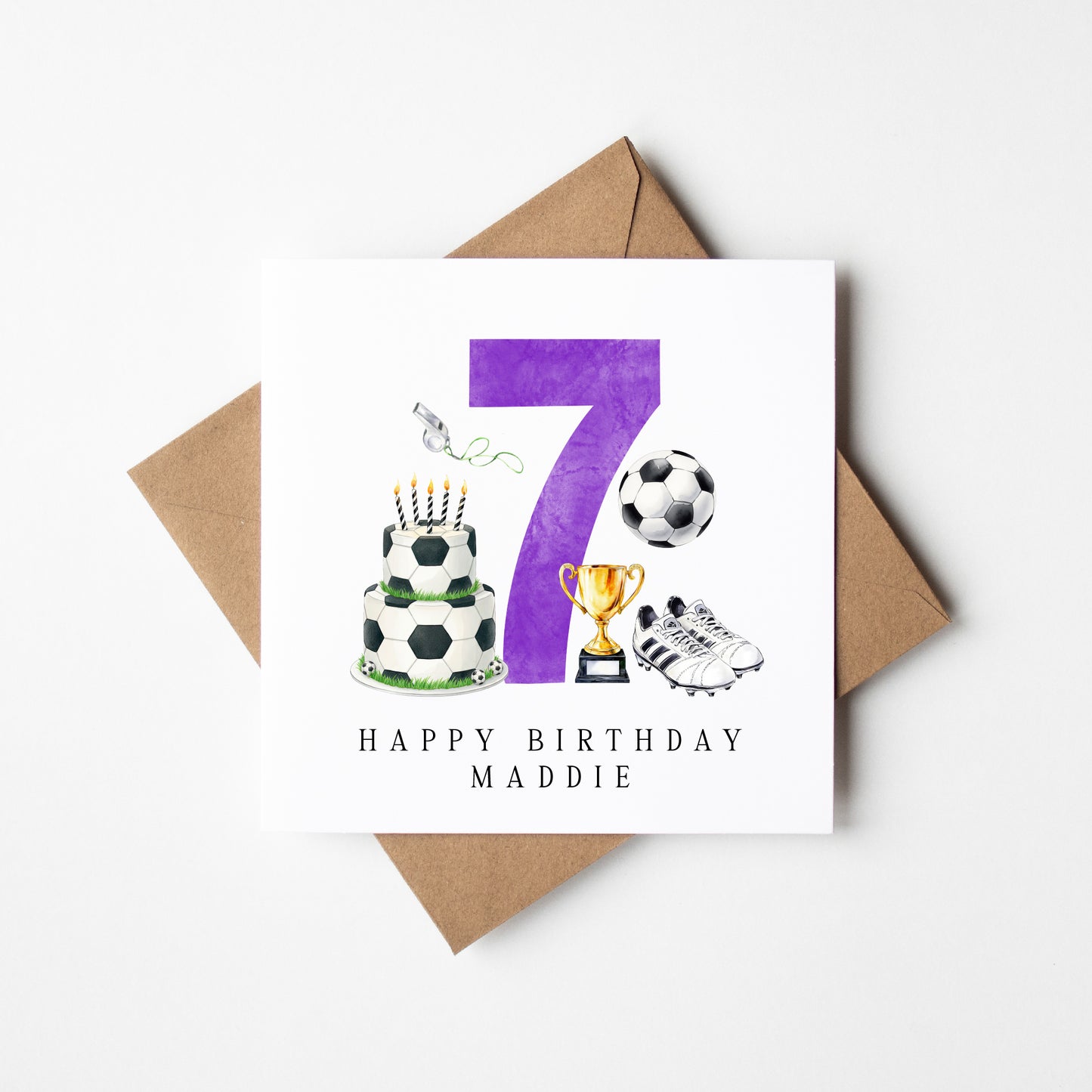 7th Birthday Card personalised purple football footy themed bday card number 7 with Envelope