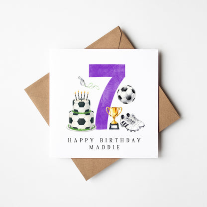 7th Birthday Card personalised purple football footy themed bday card number 7 with Envelope