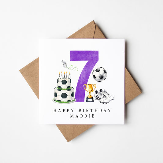 7th Birthday Card personalised purple football footy themed bday card number 7 with Envelope