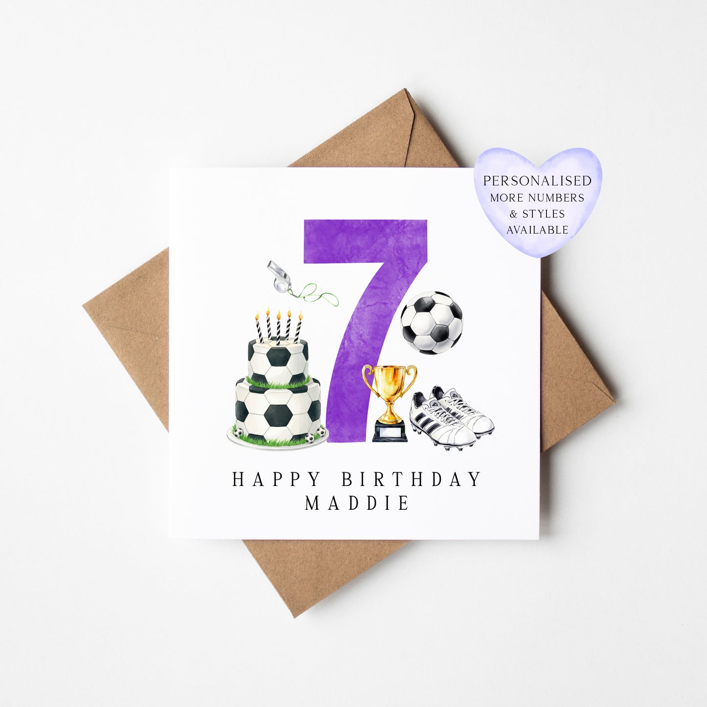 7th Birthday Card personalised purple football footy themed bday card number 7 with Envelope