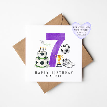 7th Birthday Card personalised purple football footy themed bday card number 7 with Envelope