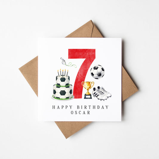 7th Birthday Card personalised football footy themed boys Red bday card number 7 with Envelope