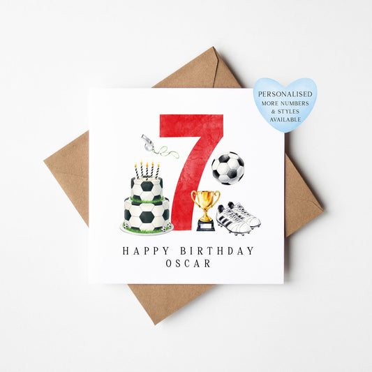 7th Birthday Card personalised football footy themed boys Red bday card number 7 with Envelope
