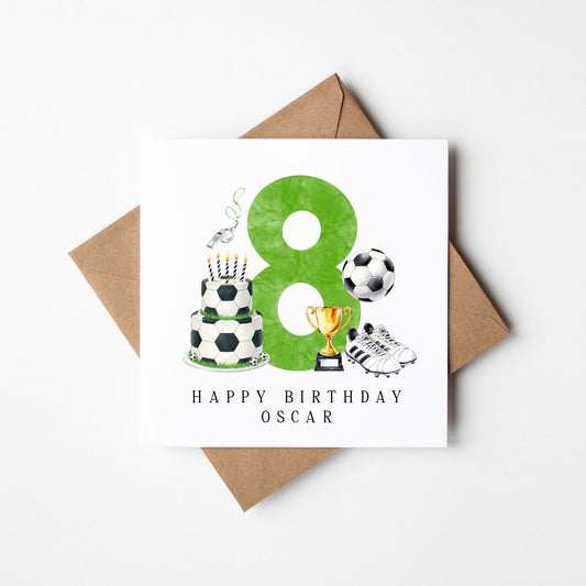 8th Birthday Card personalised football footy themed boys Green bday card number 8 with Envelope