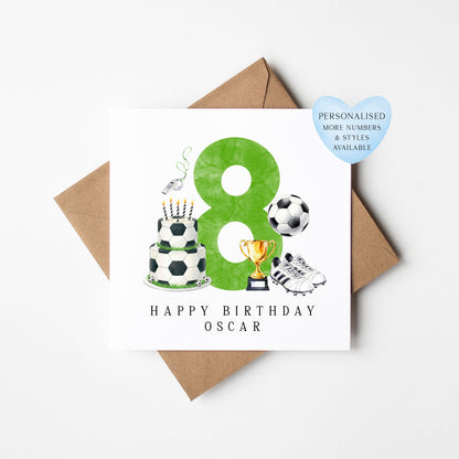 8th Birthday Card personalised football footy themed boys Green bday card number 8 with Envelope