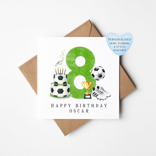 8th Birthday Card personalised football footy themed boys Green bday card number 8 with Envelope