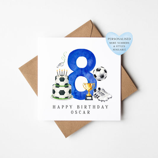 8th Birthday Card personalised football footy themed boys bday card number 8 with Envelope
