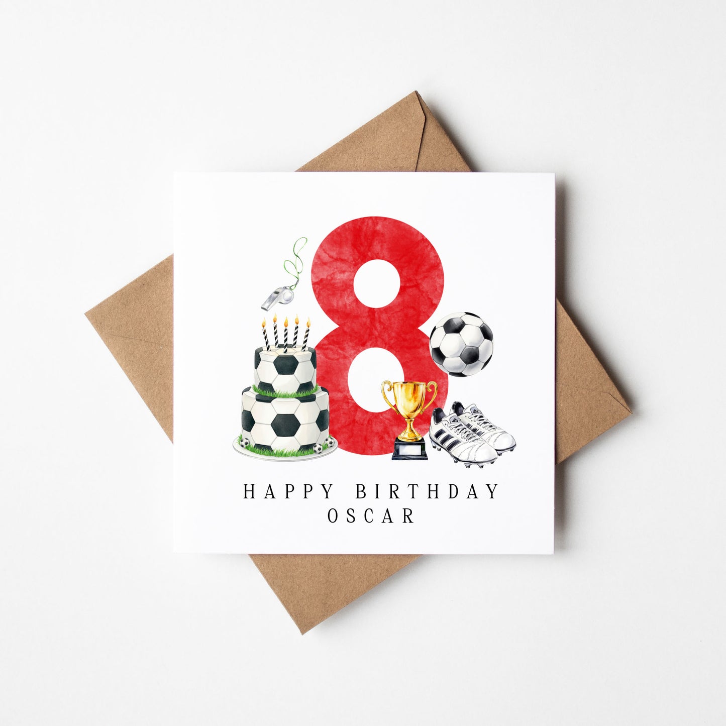 8th Birthday Card personalised football footy themed boys Red bday card number 8 with Envelope