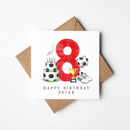 8th Birthday Card personalised football footy themed boys Red bday card number 8 with Envelope