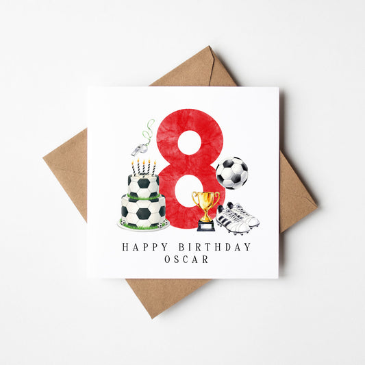 8th Birthday Card personalised football footy themed boys Red bday card number 8 with Envelope