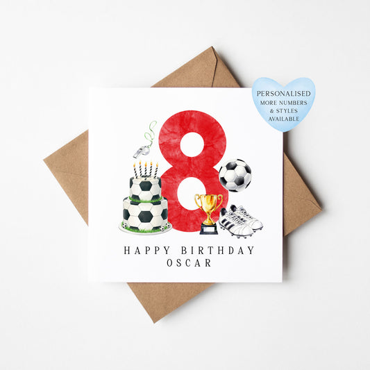 8th Birthday Card personalised football footy themed boys Red bday card number 8 with Envelope