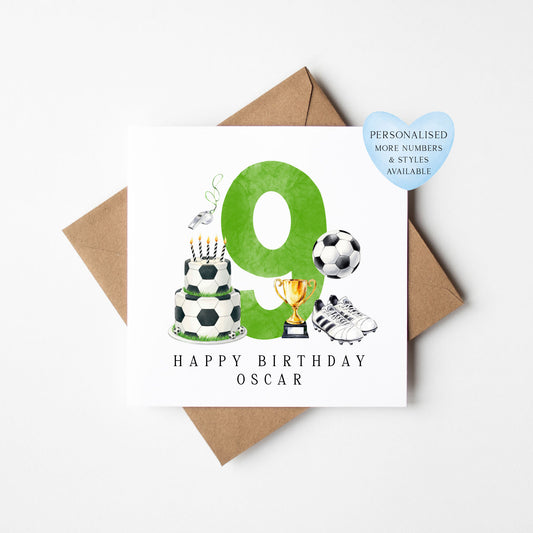 9th Birthday Card personalised football footy themed boys Green bday card number 9 with Envelope