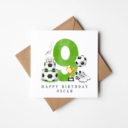 9th Birthday Card personalised football footy themed boys Green bday card number 9 with Envelope
