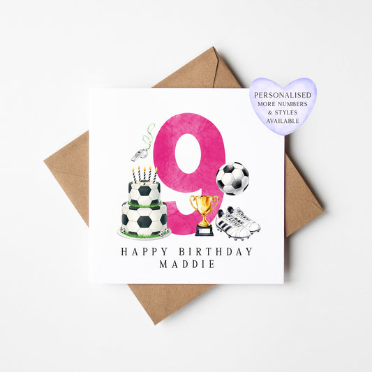 9th Birthday Card personalised pink football footy themed bday card number 9 with Envelope