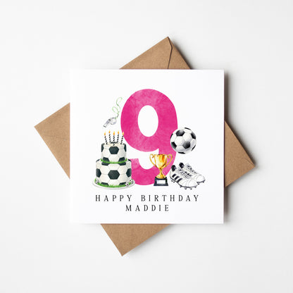 9th Birthday Card personalised pink football footy themed bday card number 9 with Envelope