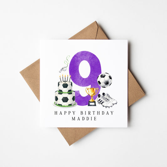 9th Birthday Card personalised purple football footy themed bday card number 9 with Envelope