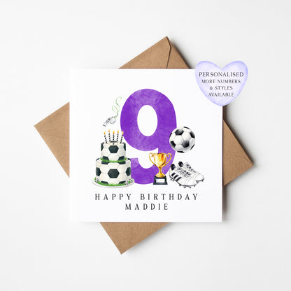 9th Birthday Card personalised purple football footy themed bday card number 9 with Envelope